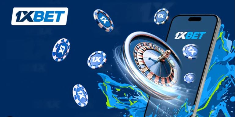 Ruleta de casino en vivo junto a un teléfono móvil con la app de 1xBet abierta